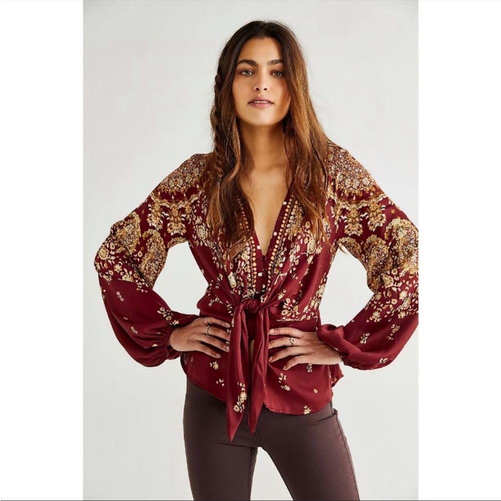 Free People Burgundy Floral Tie-Front Blouse